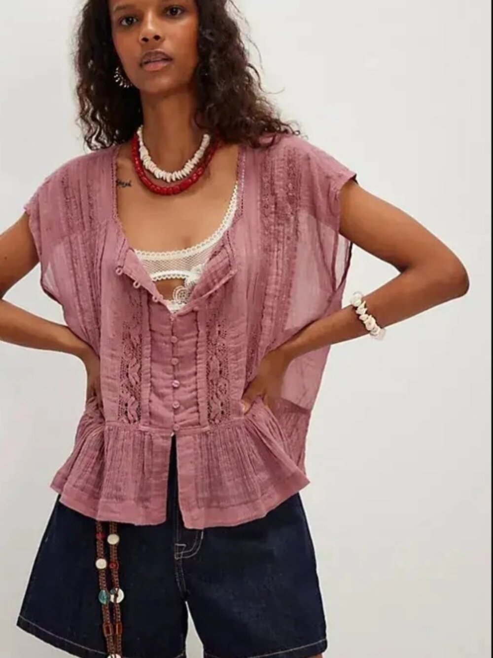 Free People FP One Georgia Blouse Top Lace Trim Capped Sleeve Pink M